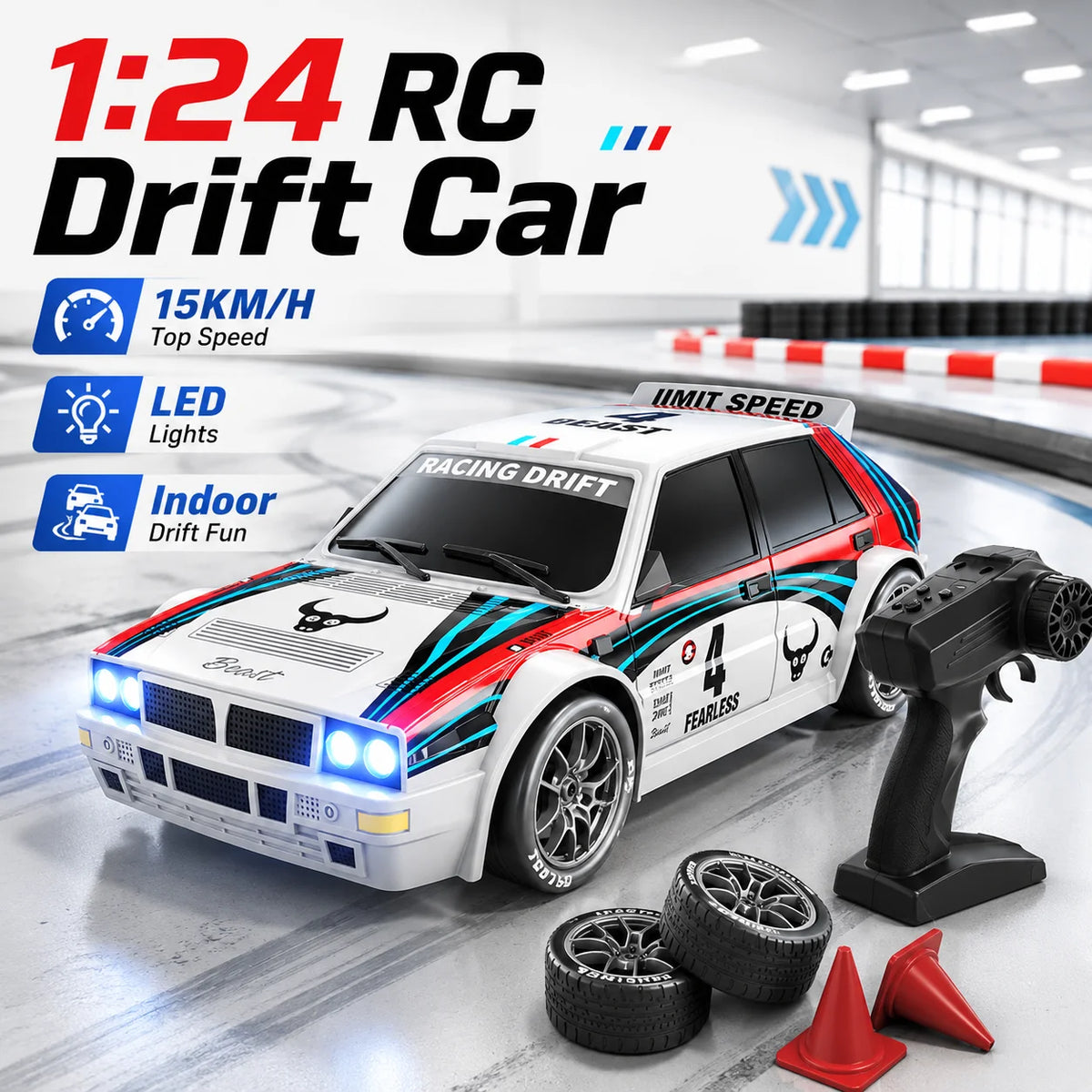 ZNLYRION RC Car Drifting Race Car 1:24 Scale 4 Wheel Drive 20km/h Adjustable High/Low Speed With Spare Drift Tires LED Headlight Taillight RC Toy For Boys Adult