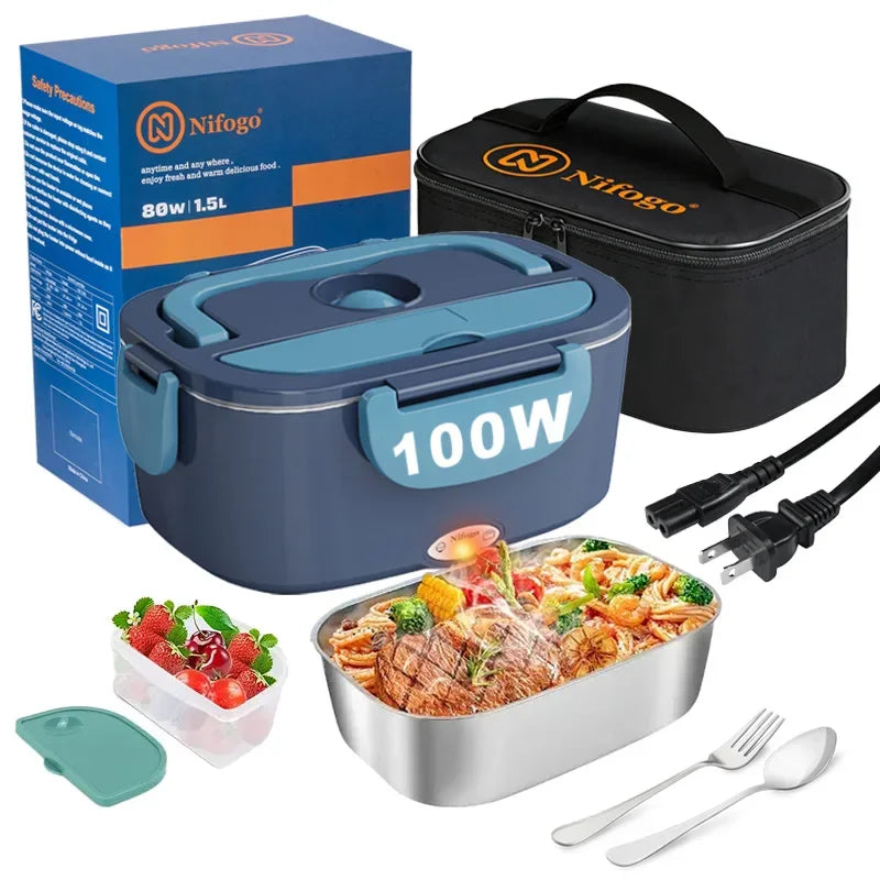 100W 360° Even‑Heated Electric Lunch Box,1.5L BPA‑Free 304 Stainless‑Steel Portable Food Warmer,12V Car & Home Dual‑Use Heated Bento Box with Insulated Carry Bag for Daily Office‑Use