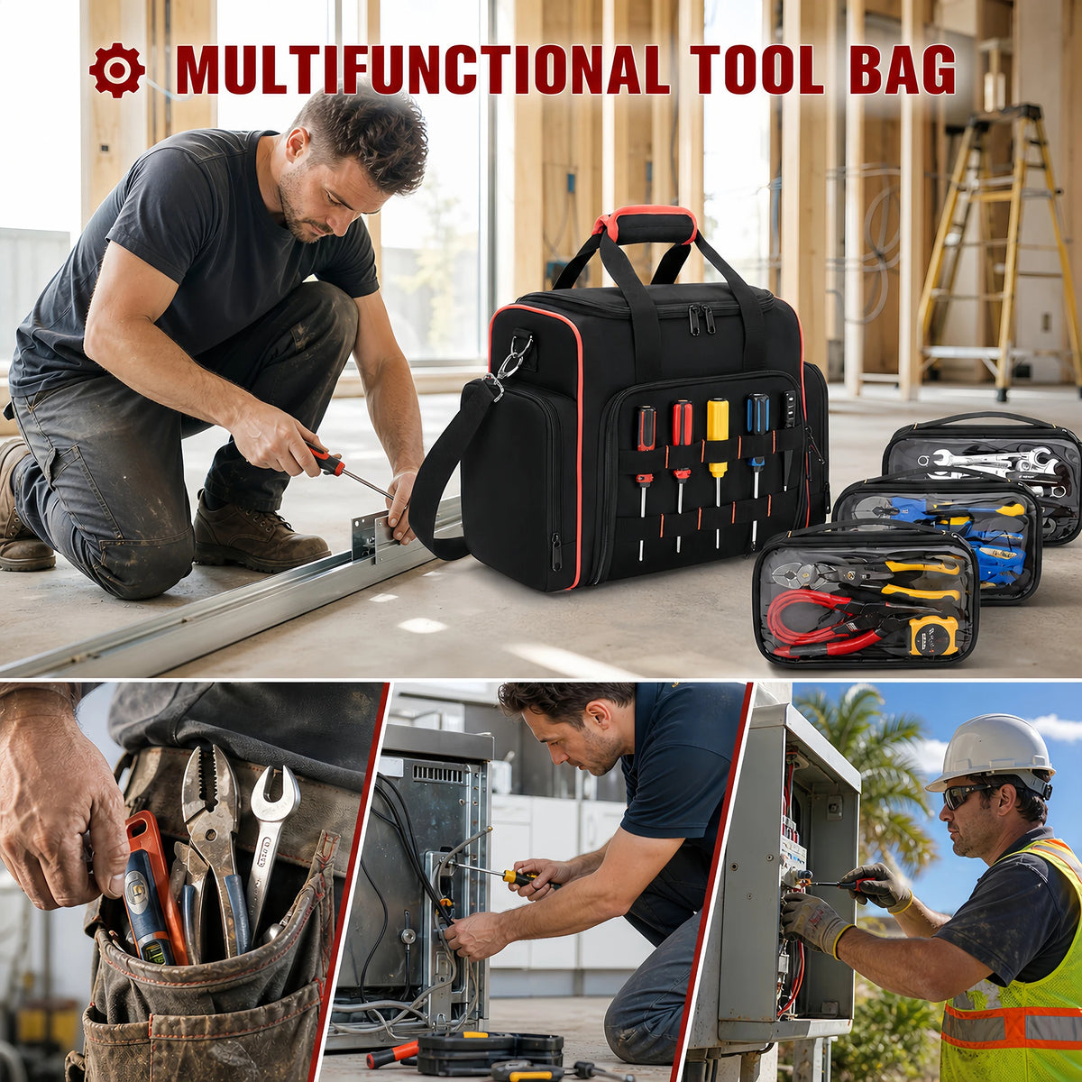 `16 Inch Rolling Tool Bag with Wheels, 33L Waterproof Tool Tote with Extendable Handle for Electrician Carpenter Mechanic`