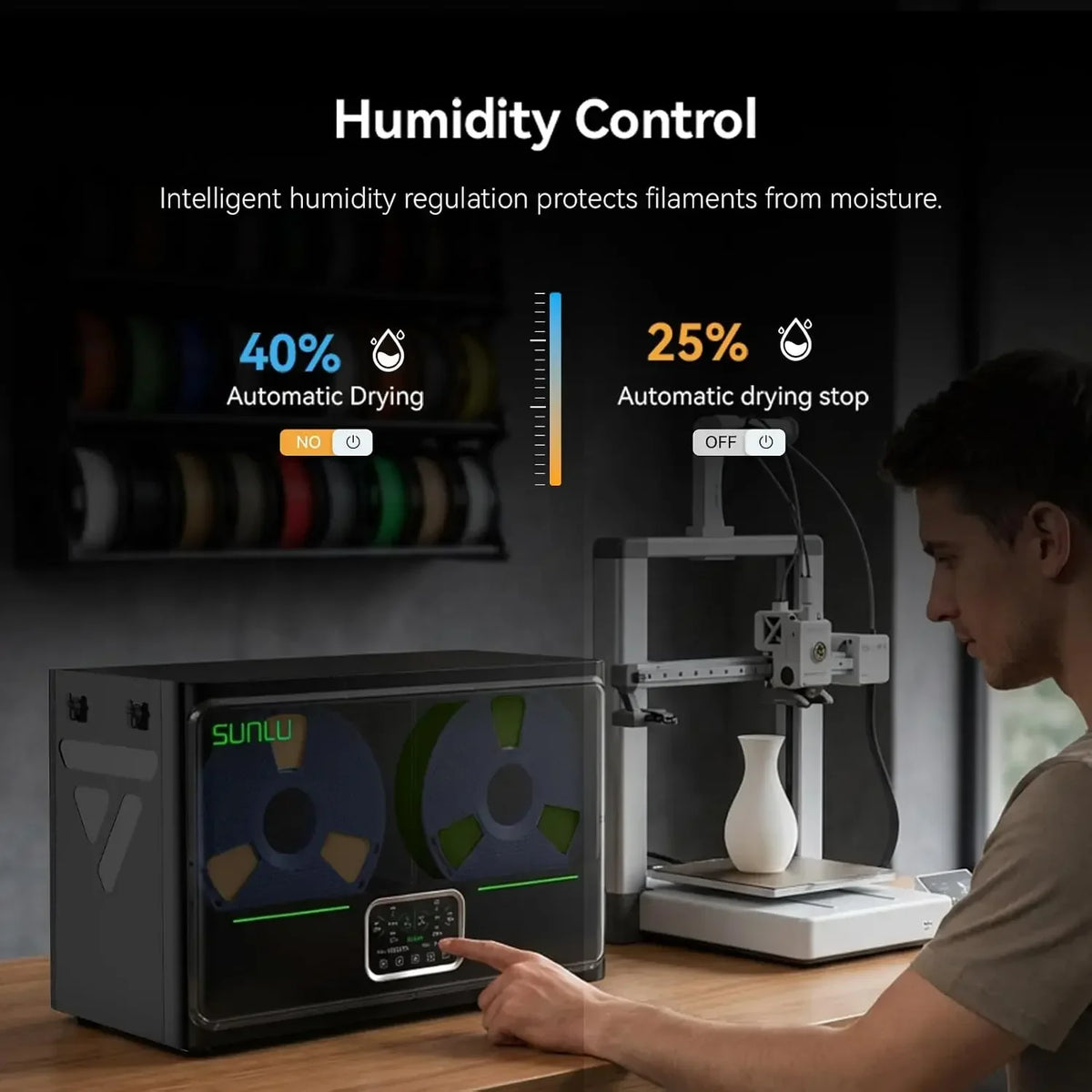 SUNLU S4 Pro Dual Chamber Filament Dryer 45-85℃ Independent Heat Annealing Auto Humidity 4 Spools for ABS PLA PETG PA Filament