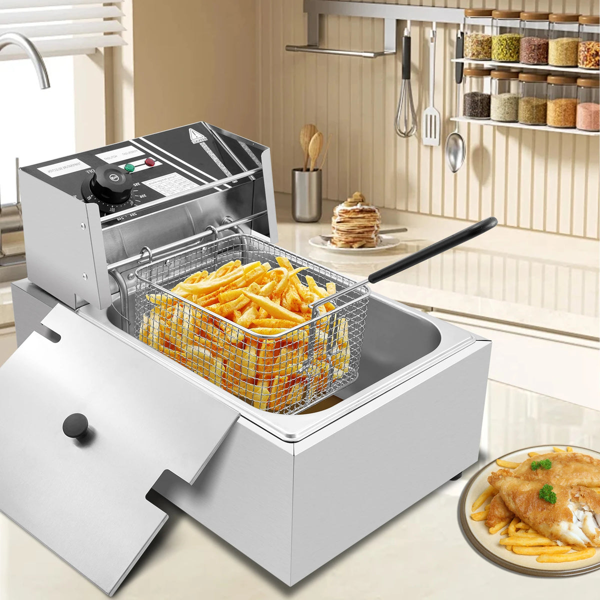 BHB Electric Deep Fryer with Basket for Home Use, Countertop Commercial Deep Fryer 1700w Powerful Performance Stainless Steel Oil Fryer, Temperature Control