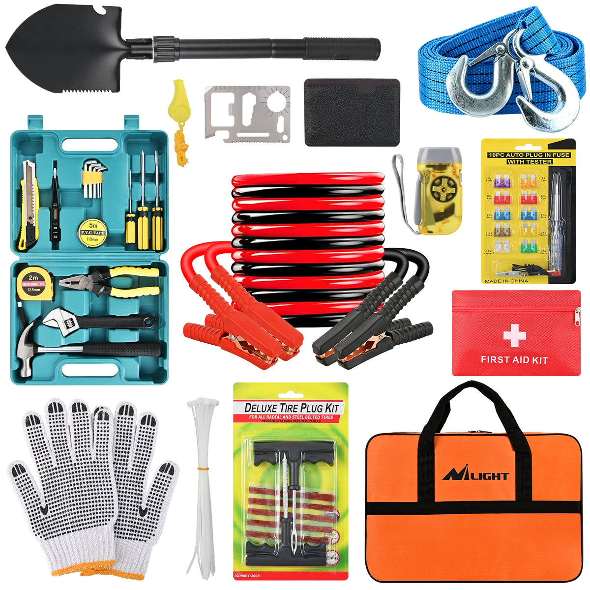 Nilight Car Emergency Kit with Jumper Cable, First Aid Kit Safety Assistance Tools for Travel Camping Outdoor Cars Truck SUV RV, Roadside Essentials with Flash Light