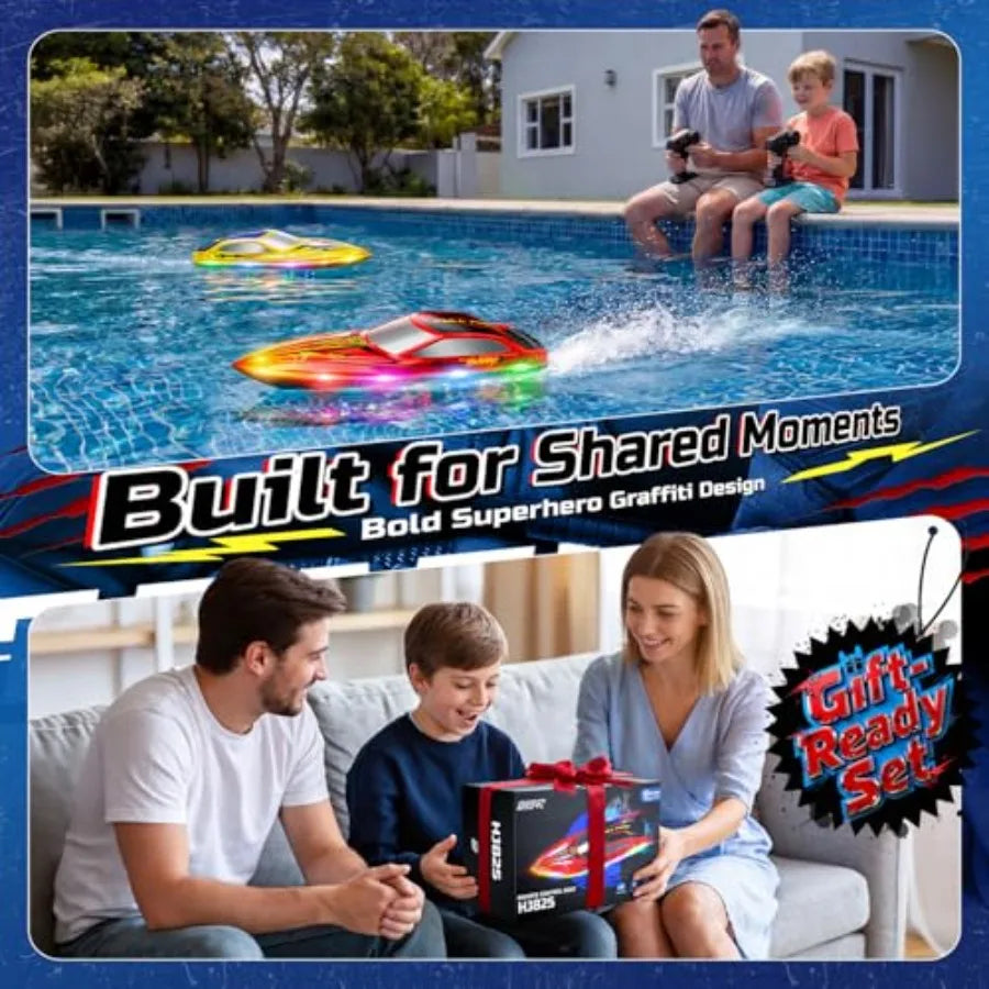 RC Boats for:ABS Plastic, Blue/Red, 2.4GHz Racing Control, 120 Min Runtime, Capsize Recovery, 7 LED Lights, Pool Lake Use