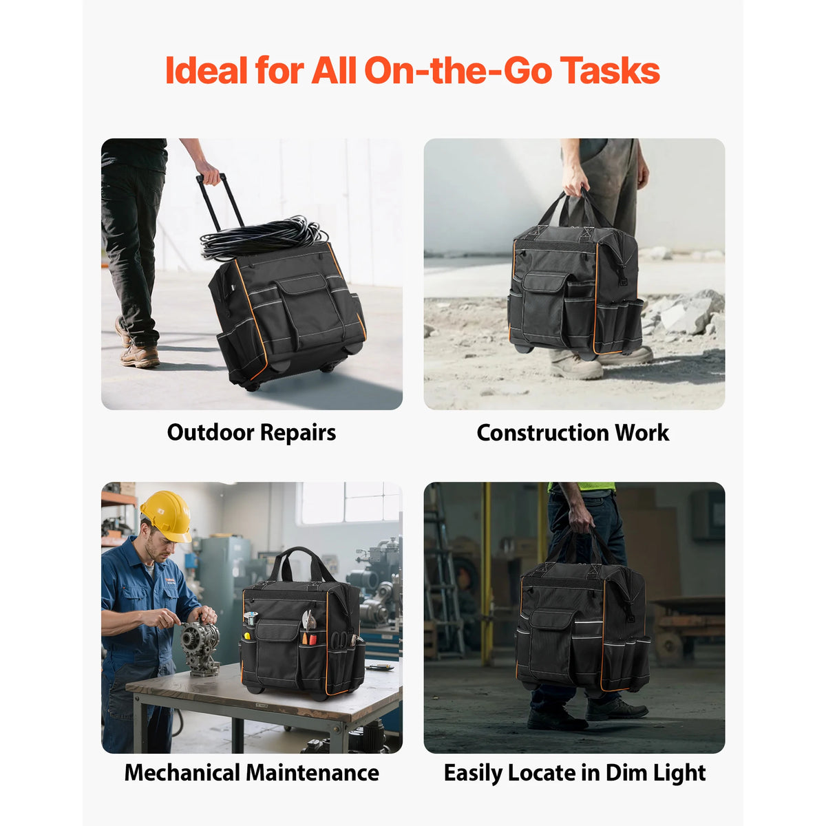 SucceBuy Rolling Tool Bag 110 lbs Load Capacity 25 Pockets Adjustable Handle & Stable Organizers with Wheels for Construction