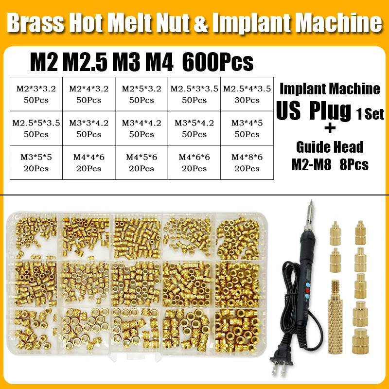 Brass Hot Melt Insert Knurled Nut Implant Machine Copper Nut Thermal Conduction Implant Heat Insertion Tool 3D Printer Plastic