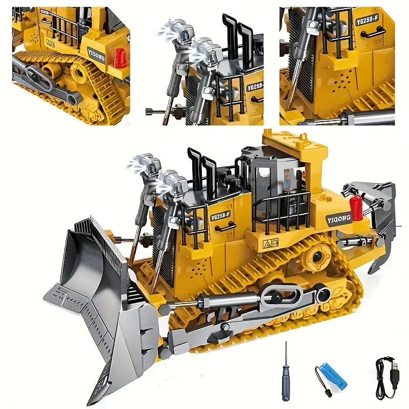 9-channel remote-controlled bulldozer, 2.4Ghz RC construction truck toy, with alloy metal cover, lightweight, Halloween, Thanksg