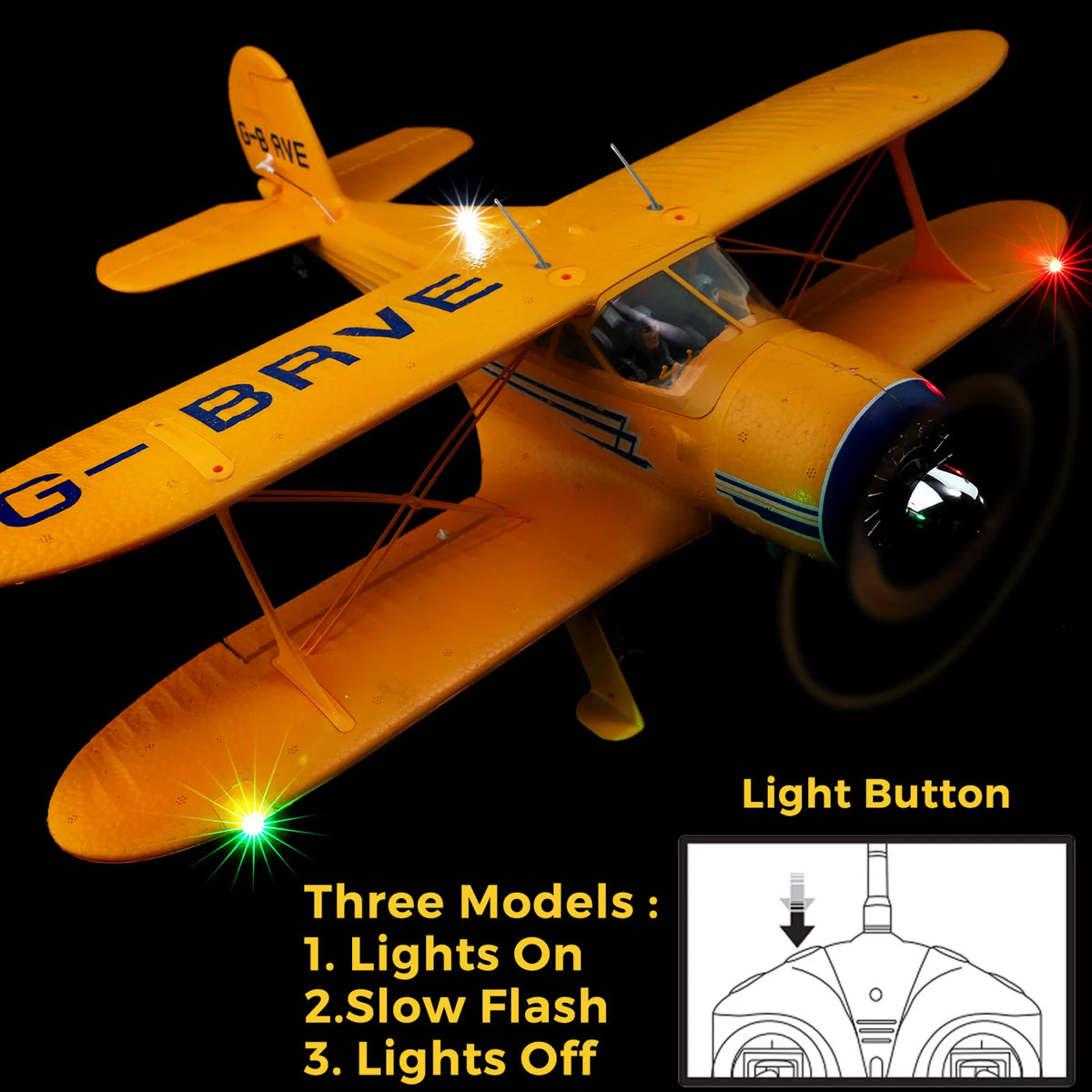 WLtoys XK A300 RC Plane, 4CH Brushless RC Airplane for Adults, Beechcraft D-17S Biplane Model, 3D/6G Mode Stunt Aircraft with Lights, Premium EPP Foam Remote Control Glider Plane Outdoors Toy Gifts (Yellow)