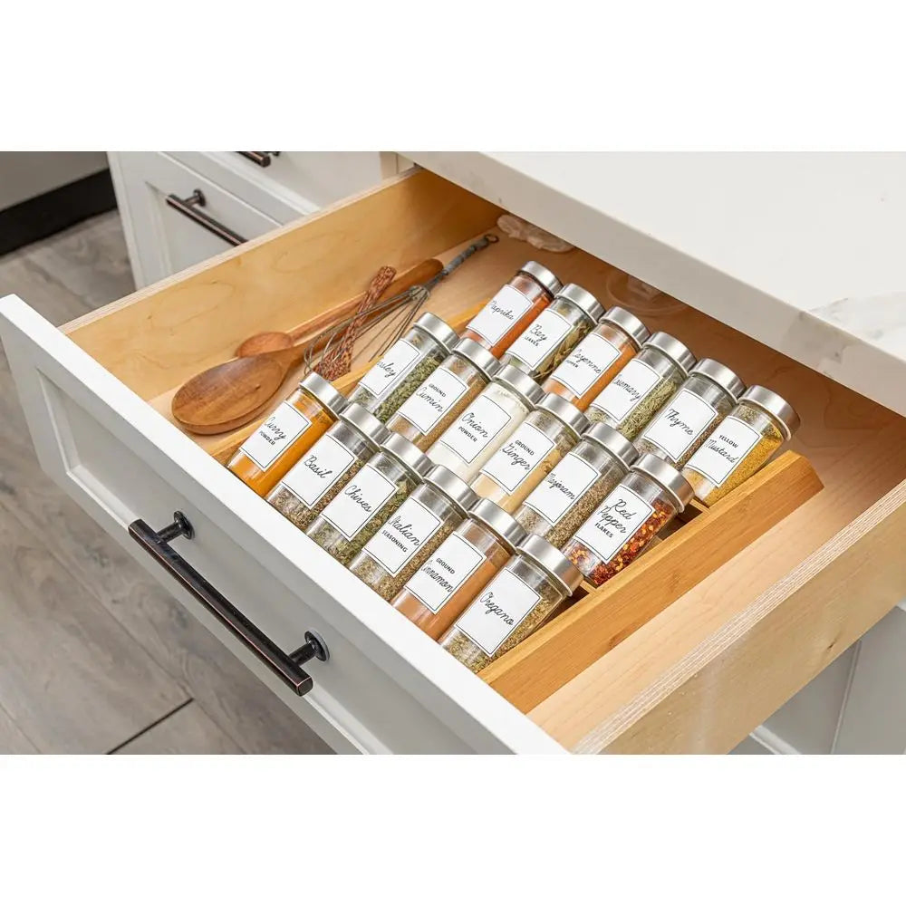 18 Jar Bamboo Compact Spice Rack with Spices Included & 5-Year Free Spice Refill Program Countertop or Kitchen Drawer with Glass