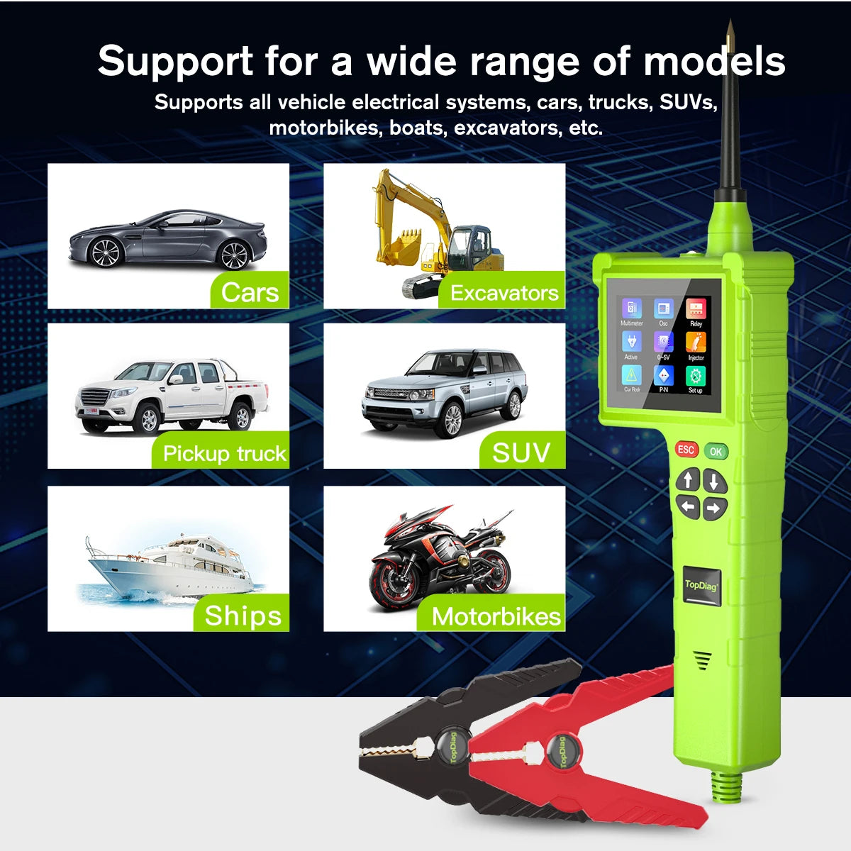 Topdiag P200 Pro Circuit System Tester 9V-48V Power Circuit Probe Kit Vehicle Leakage Detection Oscilloscope Diagnostic Tool