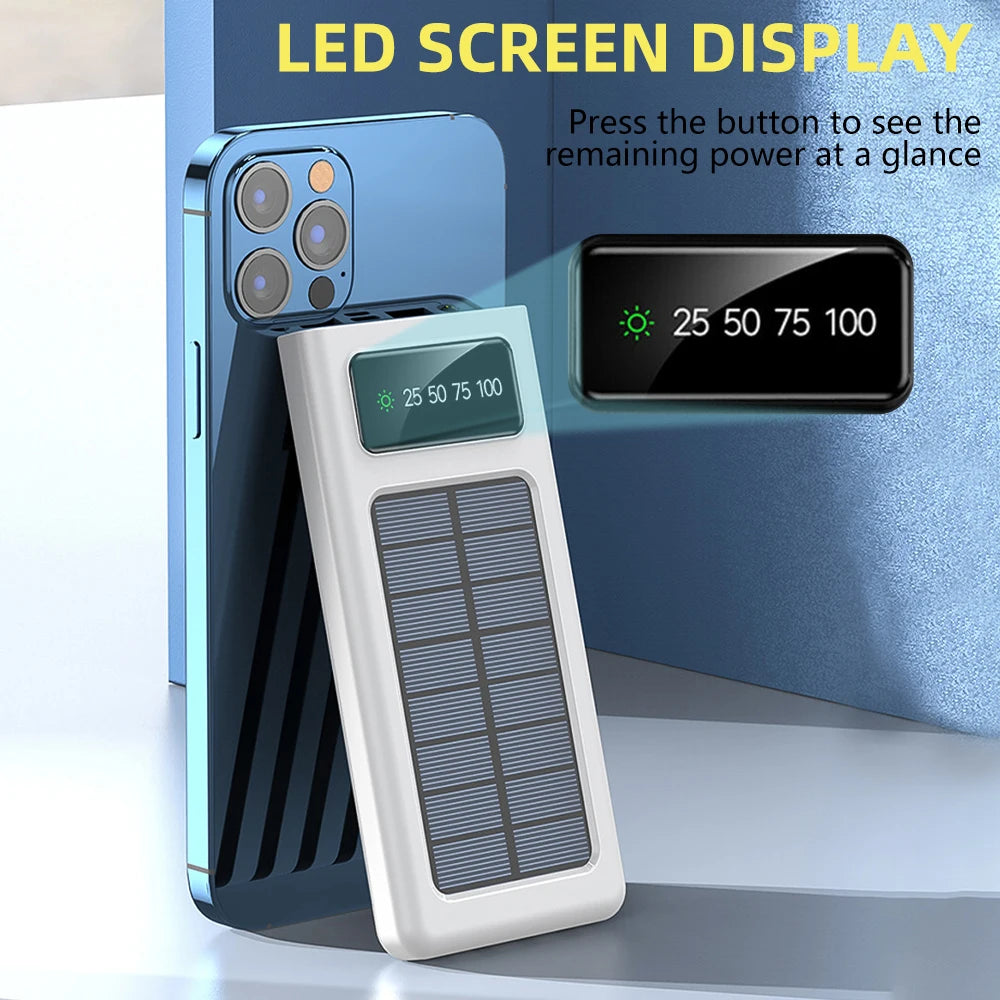 Solar Charger Power Bank Portable External Battery Waterproof USB Built In 3 Charging Cables Dual LED Flashlight Digital Display Multi Port Outdoor Camping Travel Emergency Phone Charger