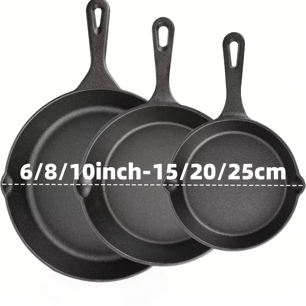 3PCS Cast Iron Skillet Set 6/8/10 Inch, Pre-Seasoned Heavy Duty Frying Pans for Kitchen, Oven, Grill & Campfire Cooking