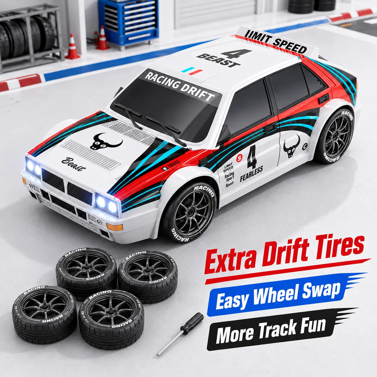 ZNLYRION RC Car Drifting Race Car 1:24 Scale 4 Wheel Drive 20km/h Adjustable High/Low Speed With Spare Drift Tires LED Headlight Taillight RC Toy For Boys Adult