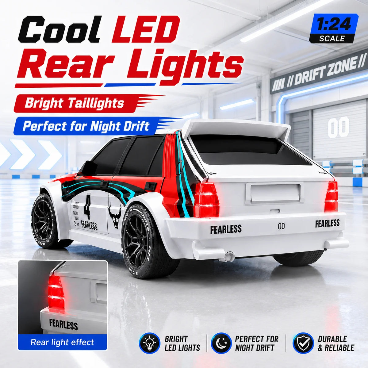 ZNLYRION RC Car Drifting Race Car 1:24 Scale 4 Wheel Drive 20km/h Adjustable High/Low Speed With Spare Drift Tires LED Headlight Taillight RC Toy For Boys Adult
