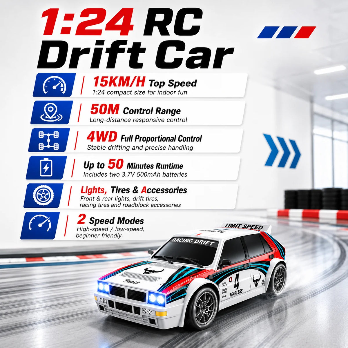 ZNLYRION RC Car Drifting Race Car 1:24 Scale 4 Wheel Drive 20km/h Adjustable High/Low Speed With Spare Drift Tires LED Headlight Taillight RC Toy For Boys Adult