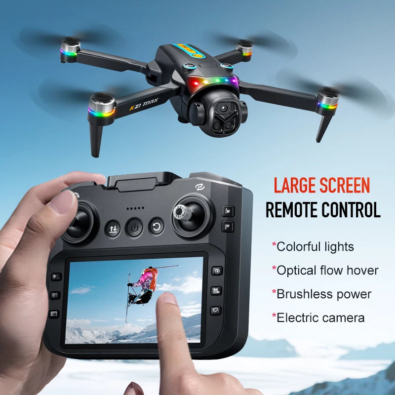 ZNLYRION RC Drone K21MAX Foldable Brushless Drone With Screen Remote EIS Dual Electric Camera Optical Flow Hover Colorful LED Light RC Quadcopter