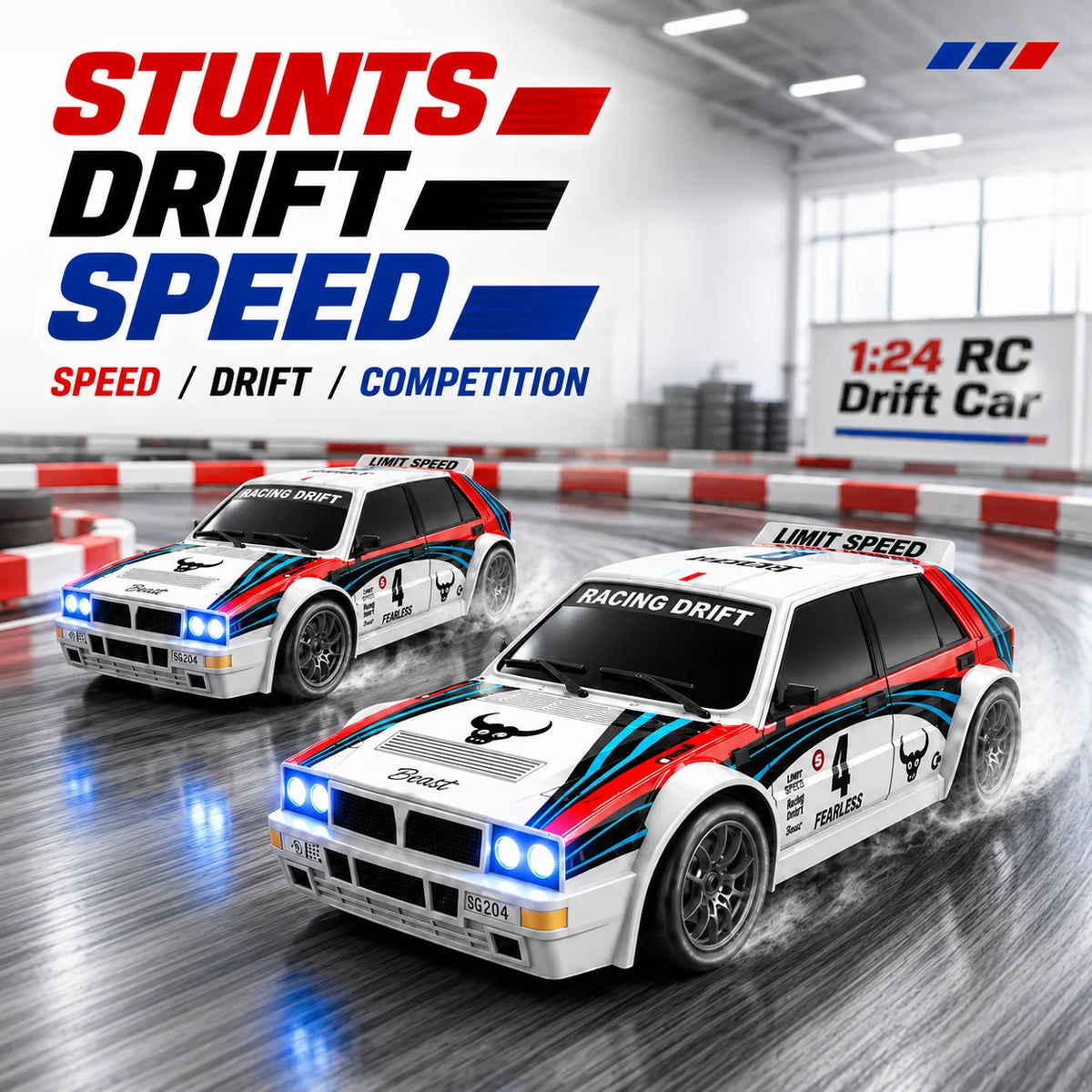 ZNLYRION RC Car Drifting Race Car 1:24 Scale 4 Wheel Drive 20km/h Adjustable High/Low Speed With Spare Drift Tires LED Headlight Taillight RC Toy For Boys Adult