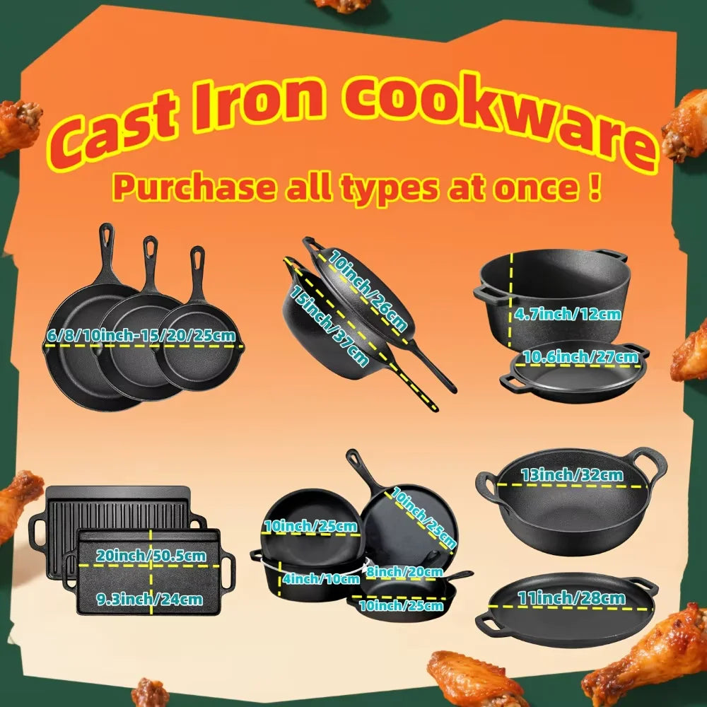 3PCS Cast Iron Skillet Set 6/8/10 Inch, Pre-Seasoned Heavy Duty Frying Pans for Kitchen, Oven, Grill & Campfire Cooking