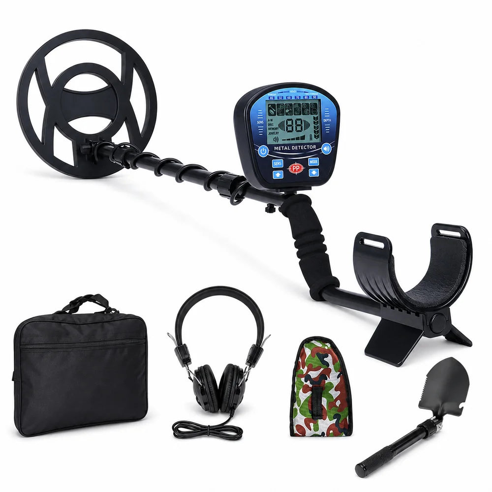 Metal Detector Kit for Adults Waterproof Search Coil Adjustable Stem Gold Coin Jewelry Treasure Finder with Headphones Carry Bag Analog Meter or Digital LCD for Beach Park Field Camping Outdoor Use