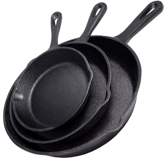 3PCS Cast Iron Skillet Set 6/8/10 Inch, Pre-Seasoned Heavy Duty Frying Pans for Kitchen, Oven, Grill & Campfire Cooking