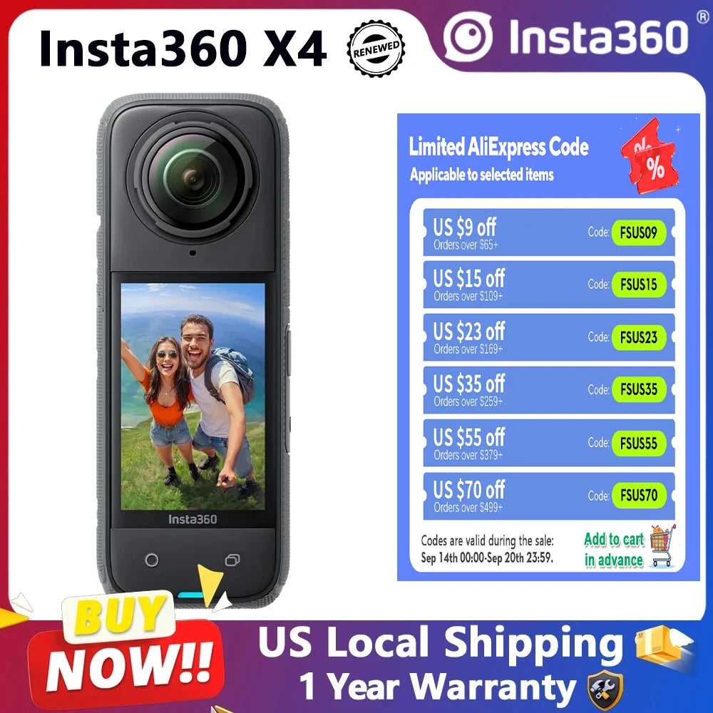 Insta360 X4 8K Panoramic Action Camera Refurbished 72MP Photos Digital Camera For Vlogging Cameras FlowState Stabilization 10M Waterproof Go Pro Vlogging 360° Camera Fast Shipping From US