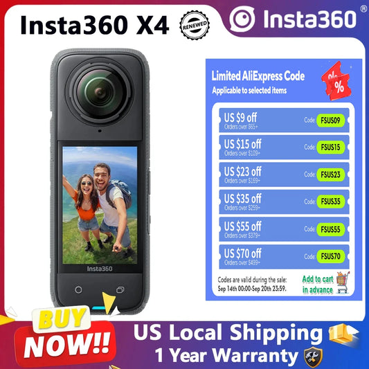 Insta360 X4 8K Panoramic Action Camera Refurbished 72MP Photos Digital Camera For Vlogging Cameras FlowState Stabilization 10M Waterproof Go Pro Vlogging 360° Camera Fast Shipping From US