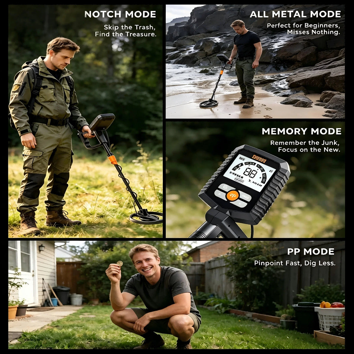 SUNPOW Metal Detector Kit with Pinpointer, 8"(20cm) IP68 Waterproof Coil High Accuracy, Lightweight LCD Display, Entry Level for Adults Kids, CE Certified Treasure Hunting