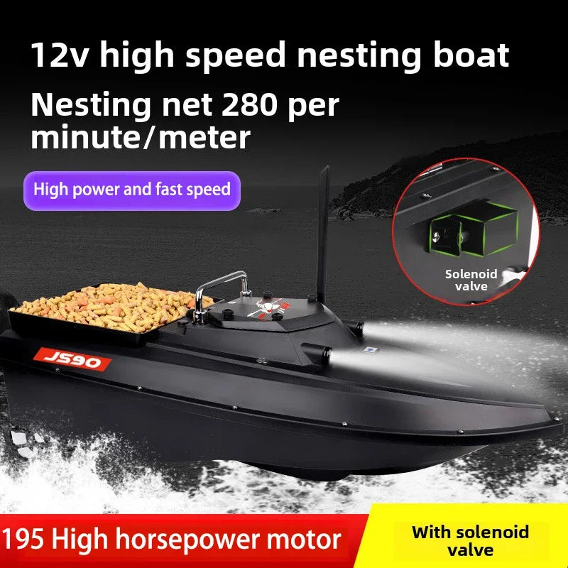 JS90 12V GPS Bait Boat 280m/1 Minute 100 Fishing Spots Load 3KG Automatic Cruise Return 3-speed Adjustment Night Fishing Boat