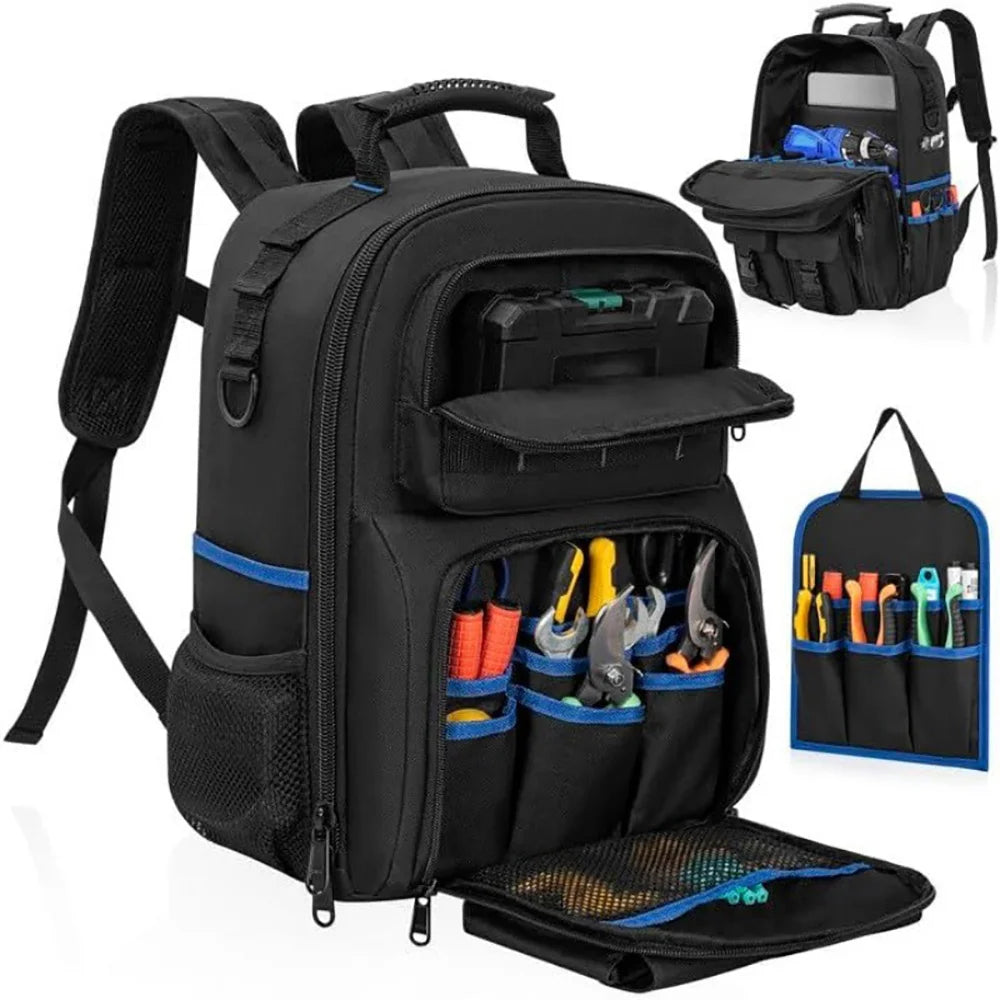 Heavy-Duty Zipper Tool Backpack with Premium YKK Zippers and Reinforced Stress Points.Crafted from Durable 900D Polyester with Padded Back Panel and Ergonomic Shoulder Straps.Internal Organizer Features 10 Tool Pouches and 6