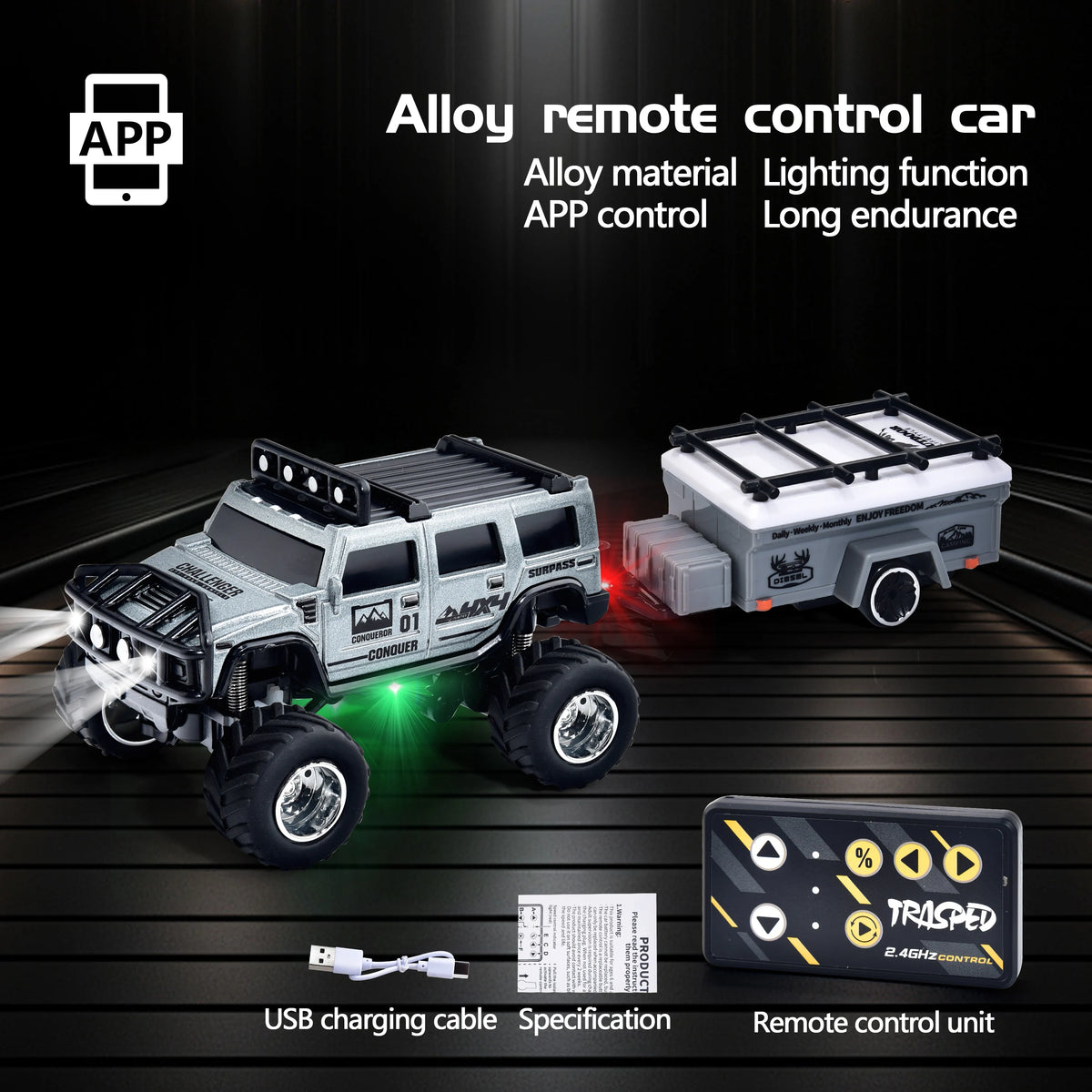 Hotfree 1/64 Mini RC Monster Truck, Metal Off-Road Stomper with Trailer, 2.4GHz Remote Control All-Terrain Vehicle, 3-Speed Adjustable, USB-C Rechargeable, Desktop Play, Indoor Outdoor Racing Toy, Fun Birthday Christmas Gift