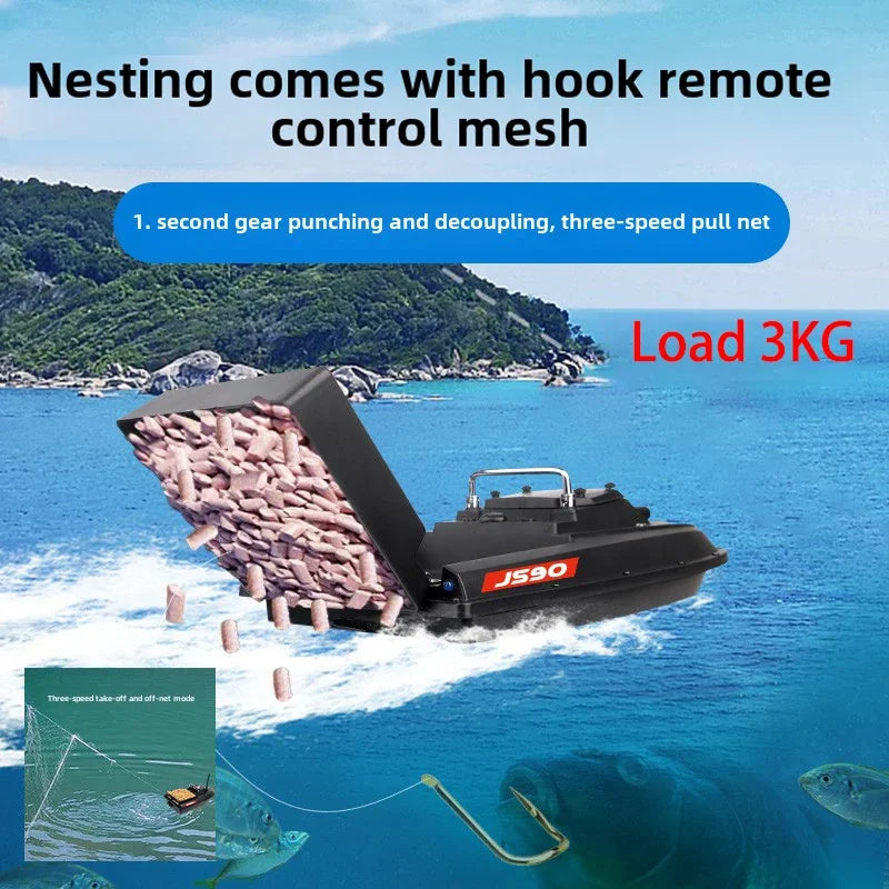 JS90 12V GPS Bait Boat 280m/1 Minute 100 Fishing Spots Load 3KG Automatic Cruise Return 3-speed Adjustment Night Fishing Boat