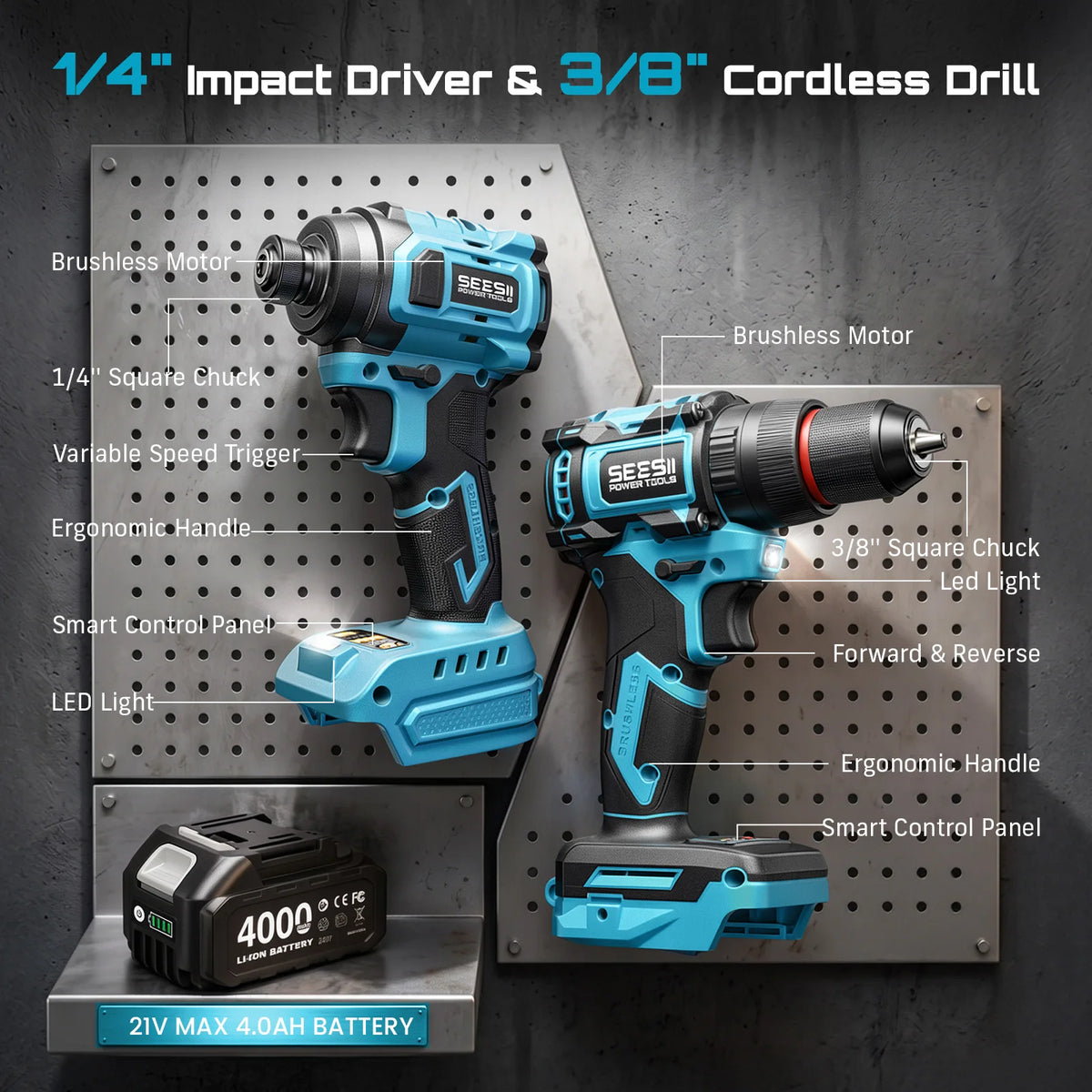 SEESII 3/8'' Drill & 1/4'' Impact Driver 21V Cordless Electric Brushless Drill Impact Wrench Variable Speed Screwdriver Battery Powered Tool Kit with 2x4.0Ah Batteries LED Light