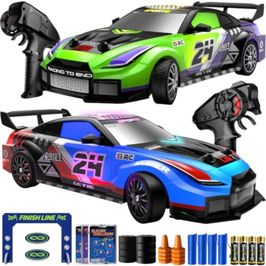 2 Pack RC Drift Cars, 1:24 Remote Control Car Set, Up to 70 Mins Per Car, LED Lights, Mini Track Barriers and Challenge Cards,