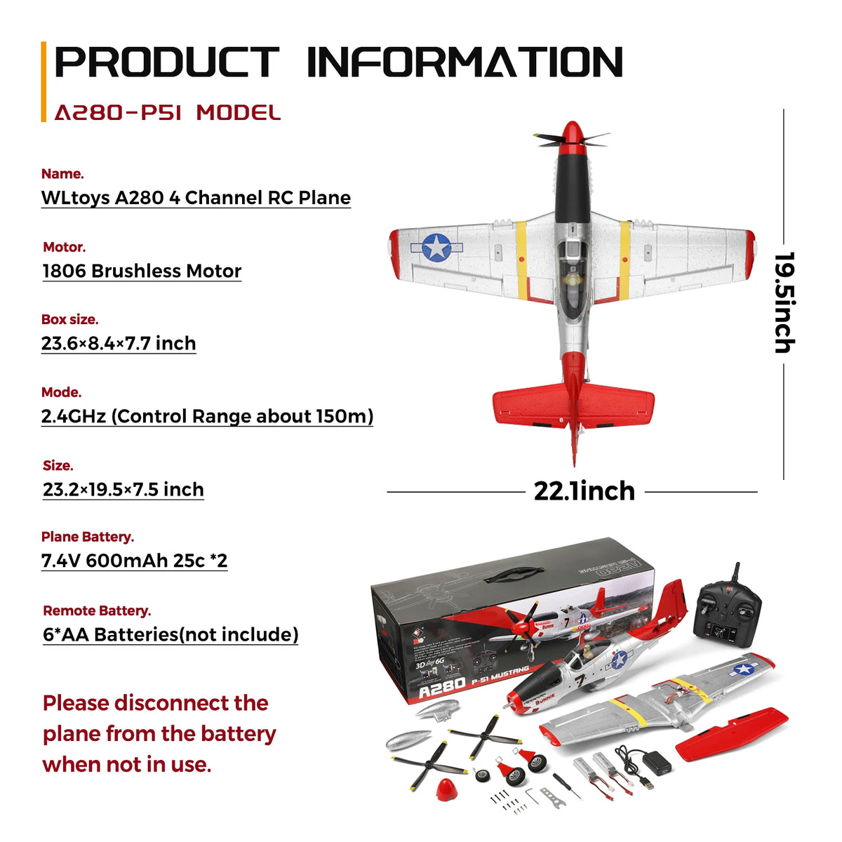 WLtoys XK A280 RC Plane, 4-CH P51 Mustang RC Airplane with Lights, 6G/3D Brushless Remote Control Airplane, Suitable for Adults