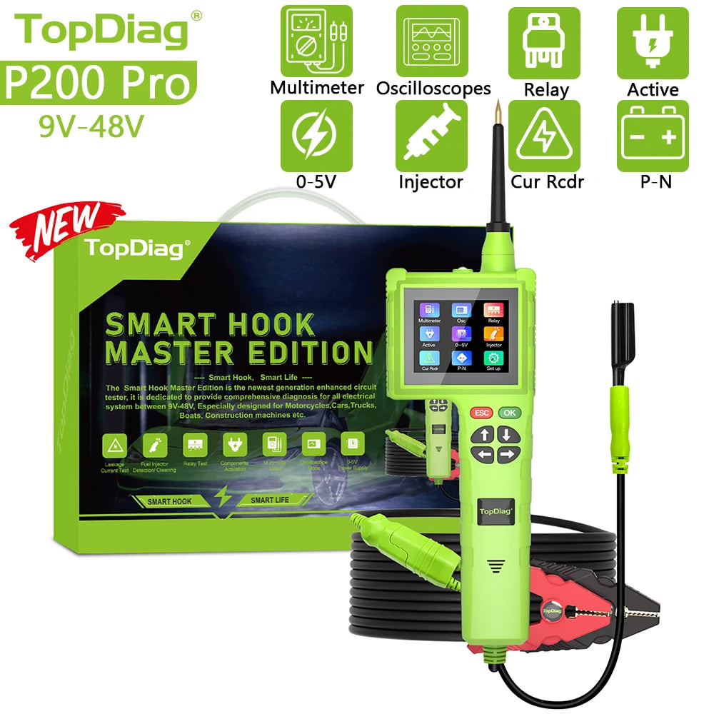Topdiag P200 Pro Circuit System Tester 9V-48V Power Circuit Probe Kit Vehicle Leakage Detection Oscilloscope Diagnostic Tool