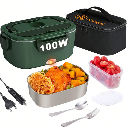 100W 360° Even‑Heated Electric Lunch Box,1.5L BPA‑Free 304 Stainless‑Steel Portable Food Warmer,12V Car & Home Dual‑Use Heated Bento Box with Insulated Carry Bag for Daily Office‑Use