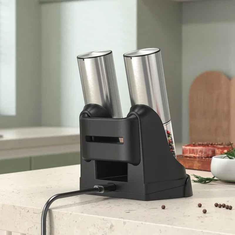 Electric Salt and Pepper Grinder Set with USB Charging Base Large Capacity Adjustable Coarseness Stainless Steel Automatic Mills