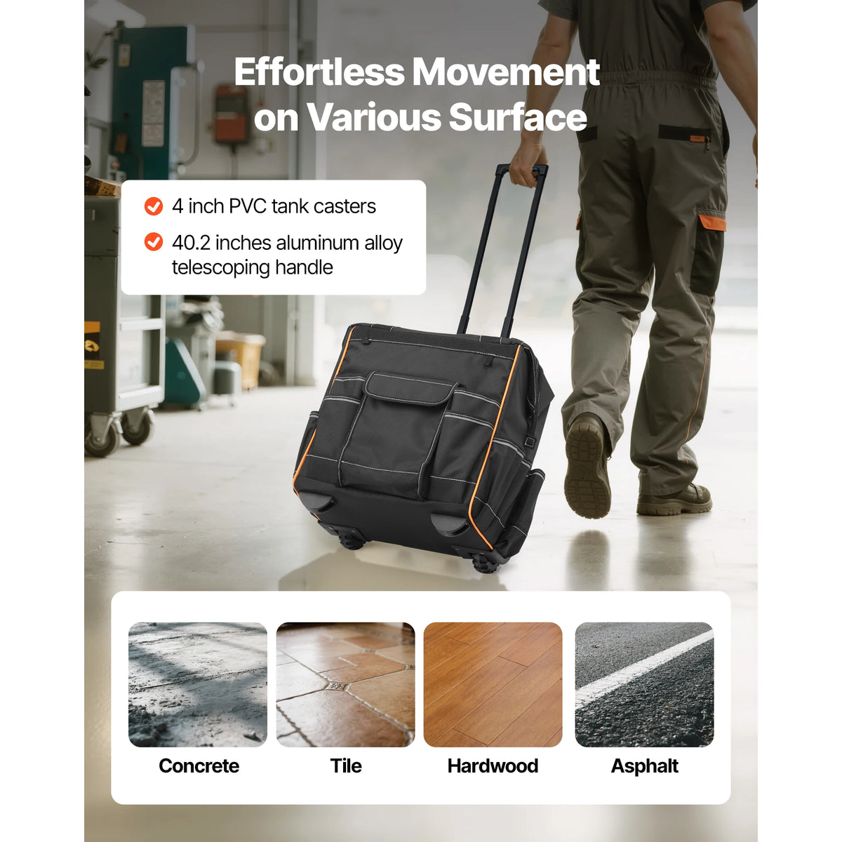 SucceBuy Rolling Tool Bag 110 lbs Load Capacity 25 Pockets Adjustable Handle & Stable Organizers with Wheels for Construction