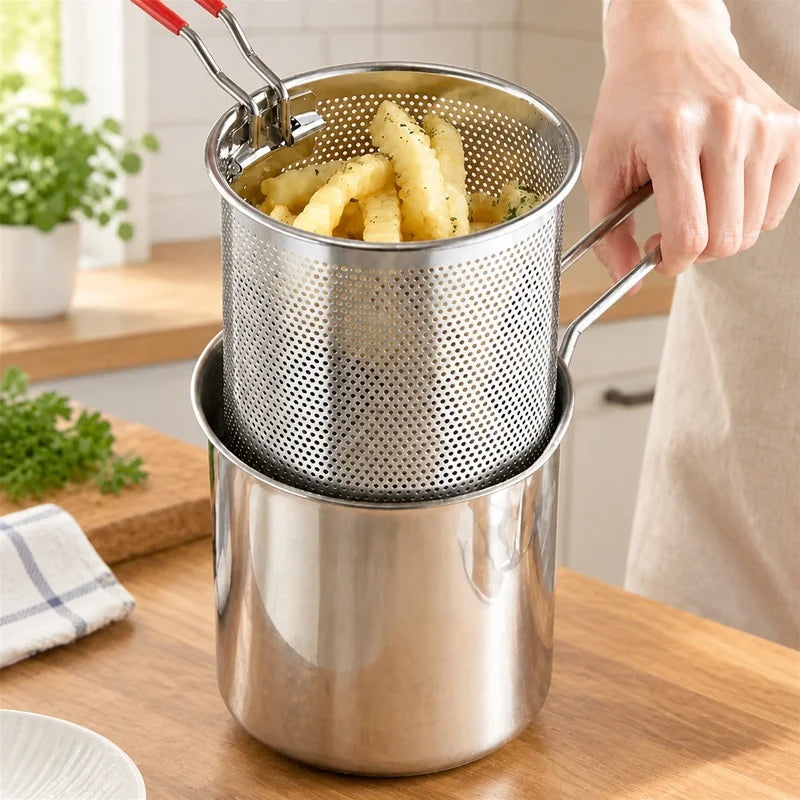 Home Kitchen Deep Fryer in Stainless Steel with Oil Strainer and Fry Basket, Perfect for Crispy Fries and Chicken Wings