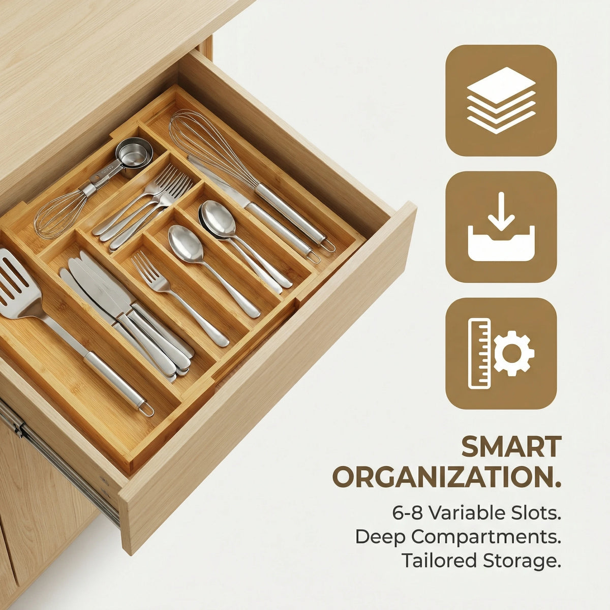 Bamboo Expandable Silverware Drawer Organizer, Adjustable Kitchen Utensil Tray for Forks, Spoons and Knives, Wood Storage Cutlery Holder for Bedroom and Living Room