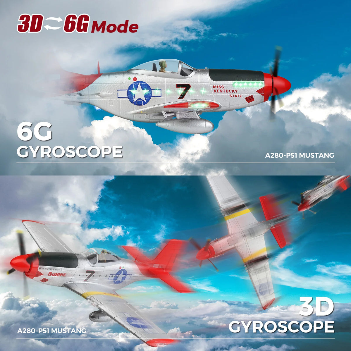 WLtoys XK A280 RC Plane, 4-CH P51 Mustang RC Airplane with Lights, 6G/3D Brushless Remote Control Airplane, Suitable for Adults