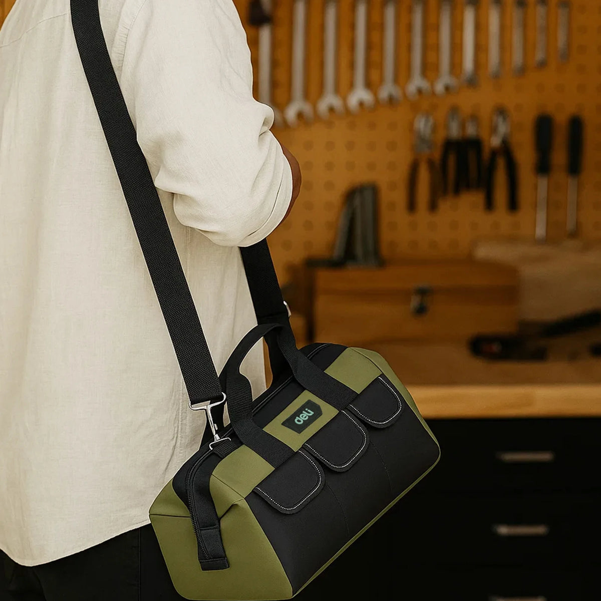 Deli 13 Inch Tool Bag Oxford Cloth Waterproof Double Sided Pockets with Shoulder Strap for Mechanics HVAC Engineers