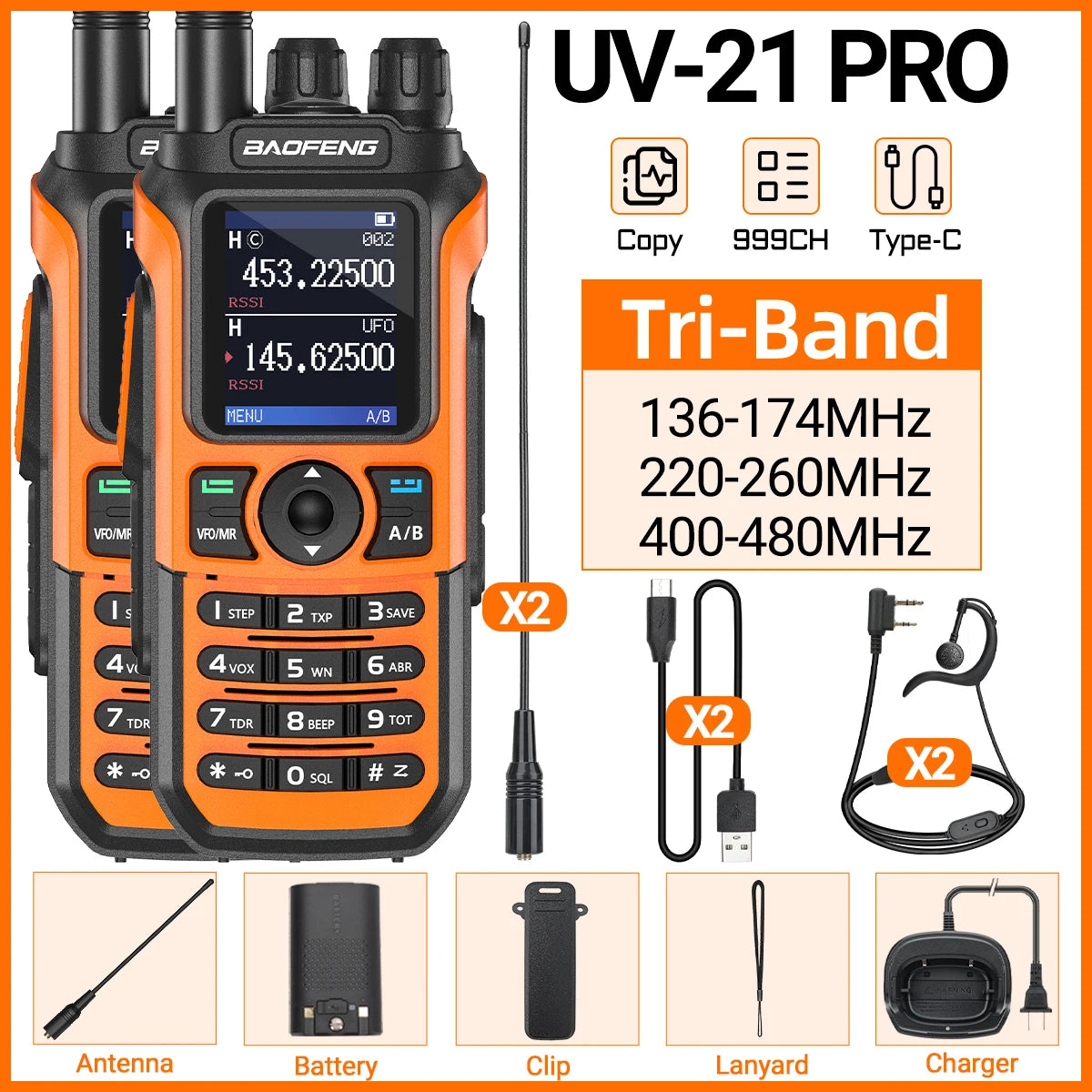 2x Baofeng UV-21 PRO Walkie Talkie Long Range Wireless Copy Frequency Type-C Charger Tri band Powerful Waterproof Two Way Radio