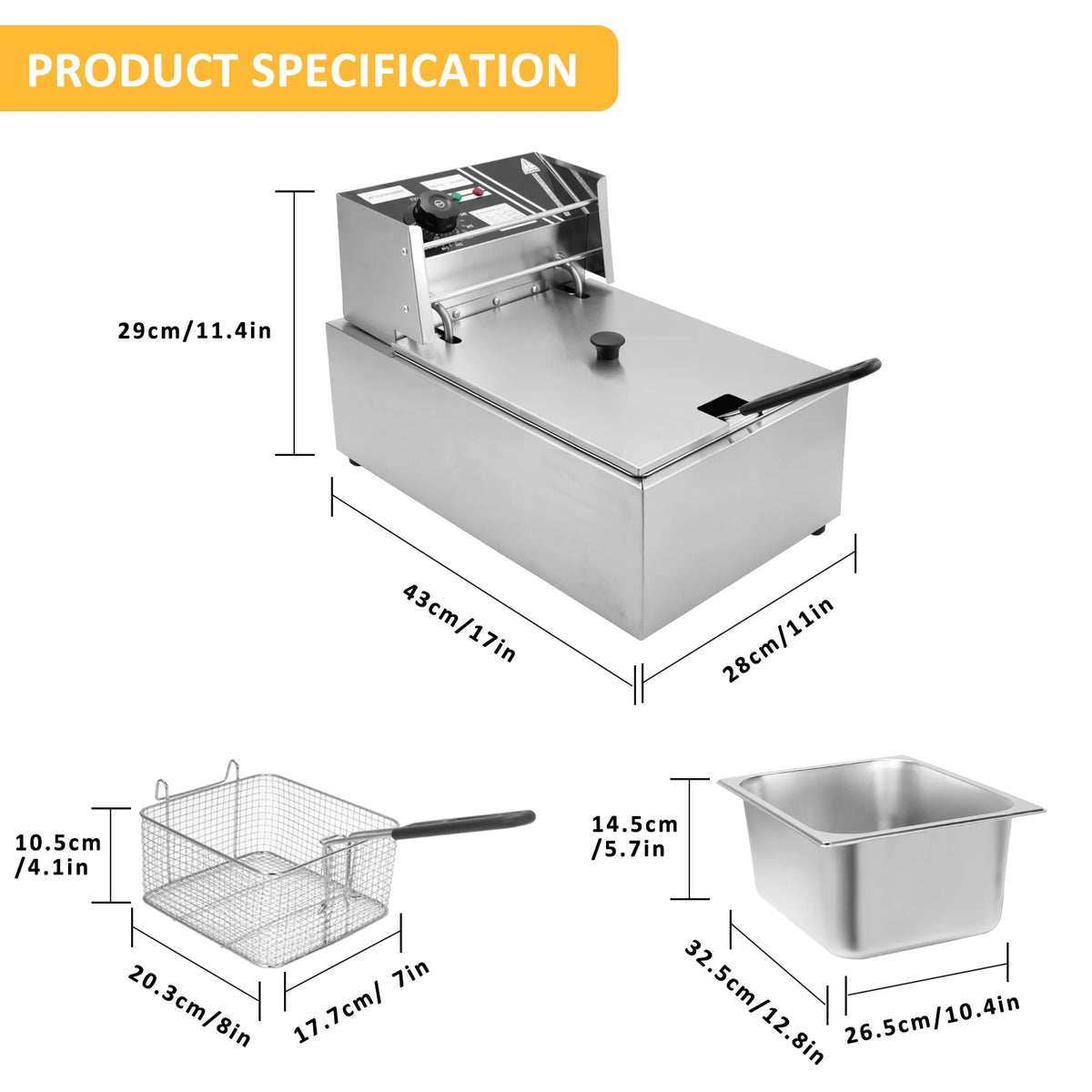 BHB Electric Deep Fryer with Basket for Home Use, Countertop Commercial Deep Fryer 1700w Powerful Performance Stainless Steel Oil Fryer, Temperature Control