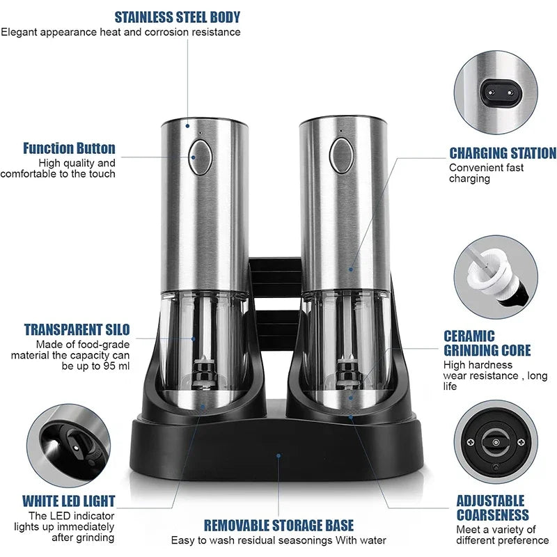 Electric Salt and Pepper Grinder Set with USB Charging Base Large Capacity Adjustable Coarseness Stainless Steel Automatic Mills