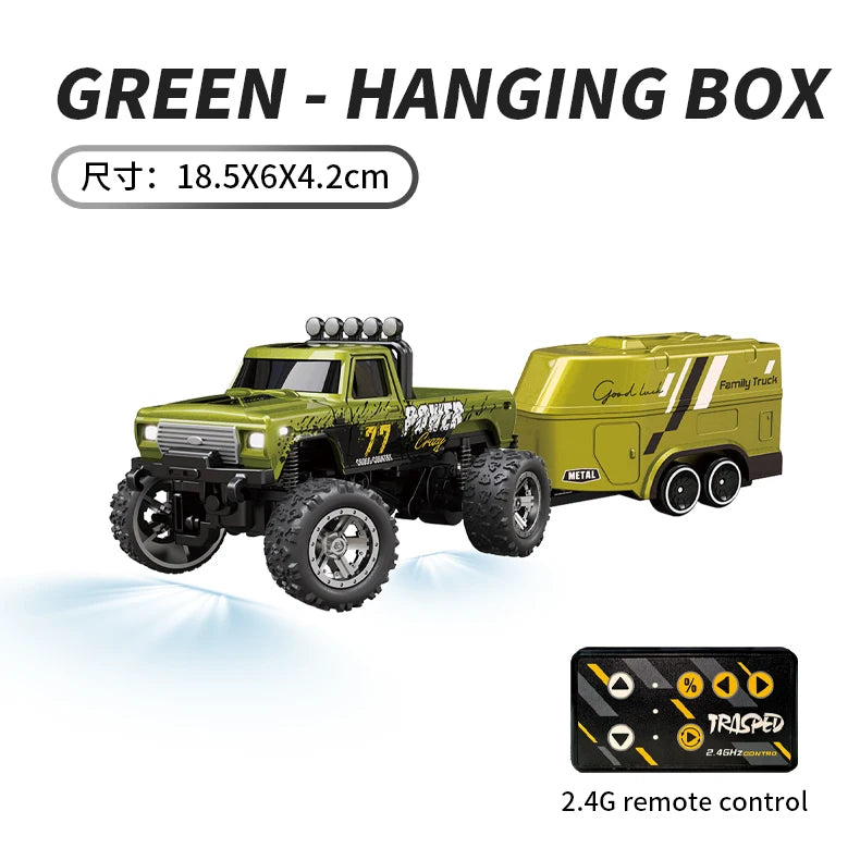 Hotfree 1/64 Mini RC Monster Truck, Metal Off-Road Stomper with Trailer, 2.4GHz Remote Control All-Terrain Vehicle, 3-Speed Adjustable, USB-C Rechargeable, Desktop Play, Indoor Outdoor Racing Toy, Fun Birthday Christmas Gift