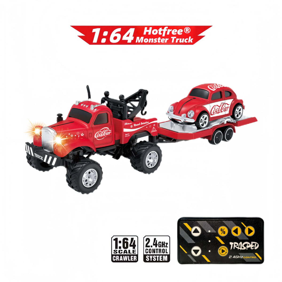 Hotfree 1/64 Mini RC Monster Truck, Metal Off-Road Stomper with Trailer, 2.4GHz Remote Control All-Terrain Vehicle, 3-Speed Adjustable, USB-C Rechargeable, Desktop Play, Indoor Outdoor Racing Toy, Fun Birthday Christmas Gift