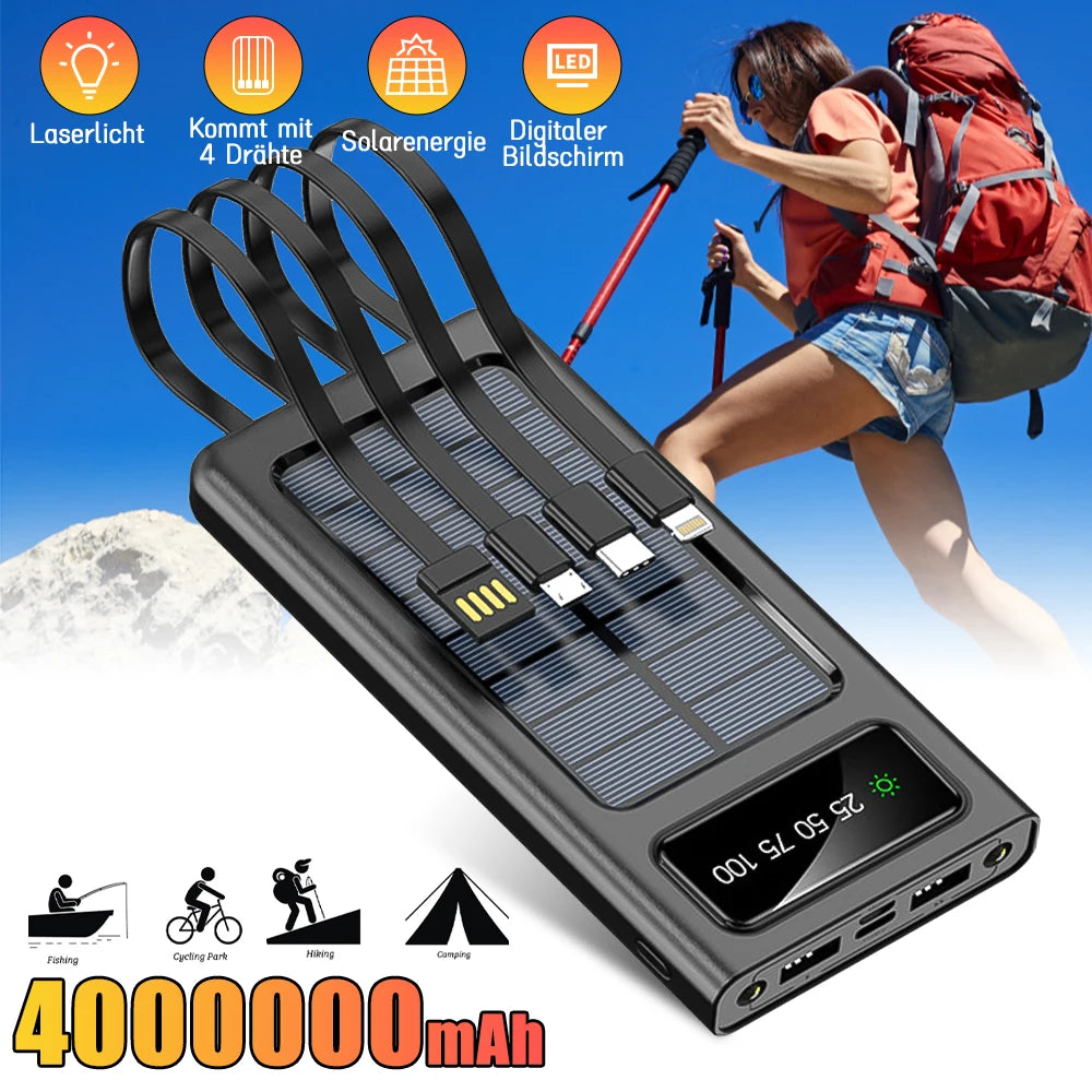 Solar Charger Power Bank Portable External Battery Waterproof USB Built In 3 Charging Cables Dual LED Flashlight Digital Display Multi Port Outdoor Camping Travel Emergency Phone Charger
