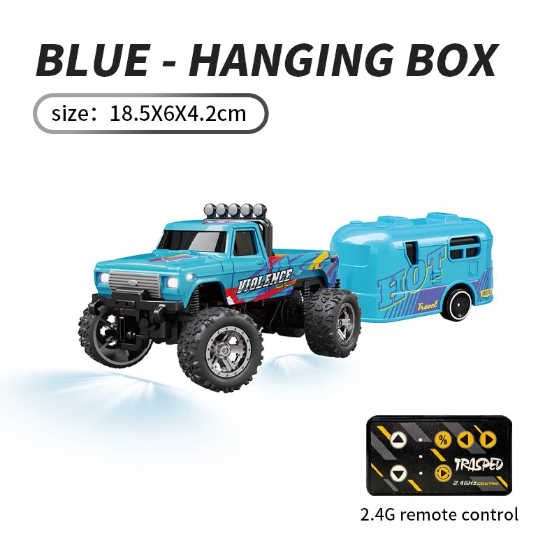 Hotfree 1/64 Mini RC Monster Truck, Metal Off-Road Stomper with Trailer, 2.4GHz Remote Control All-Terrain Vehicle, 3-Speed Adjustable, USB-C Rechargeable, Desktop Play, Indoor Outdoor Racing Toy, Fun Birthday Christmas Gift