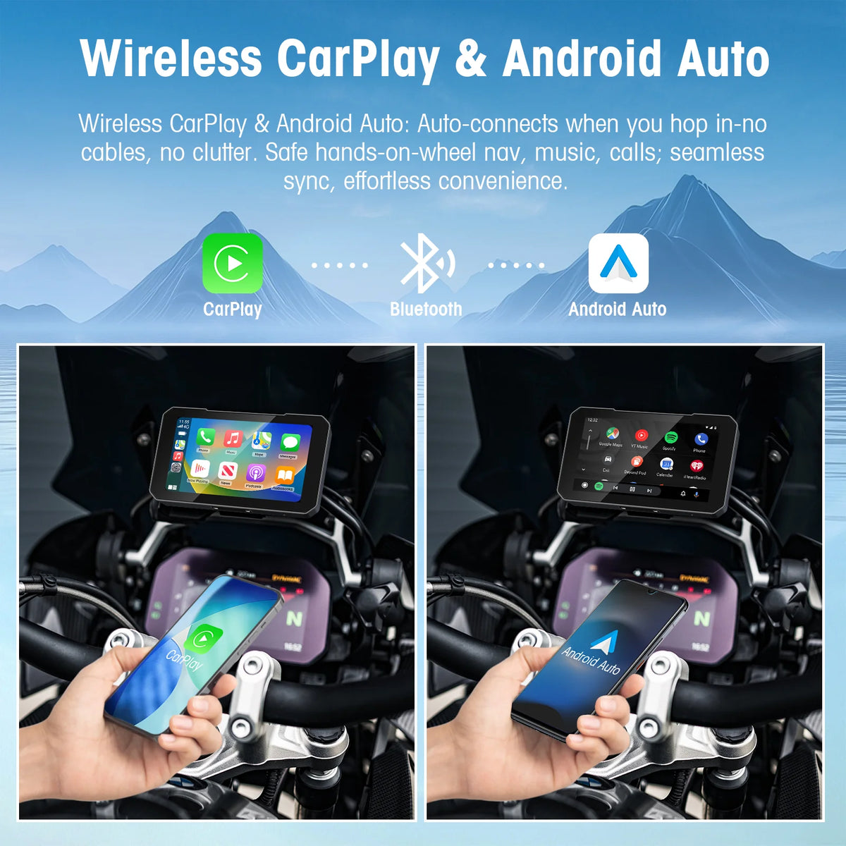 5 Inch Touch Screen Motorcycle CarPlay Screen Support Wireless CarPlay and Android Auto IP67 Waterproof