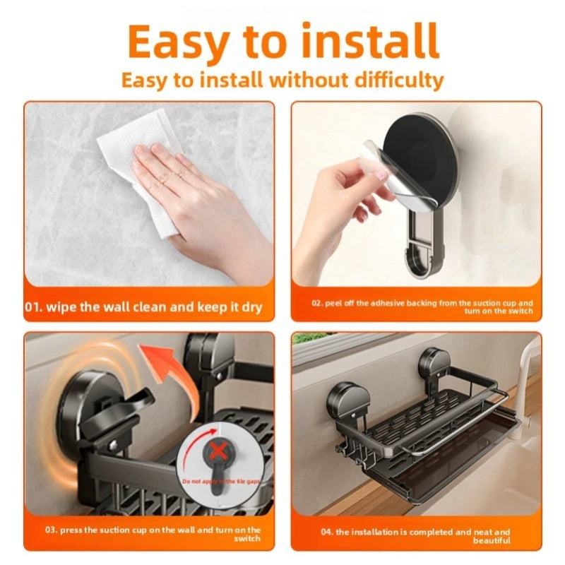 No-Drill Sink Storage Kitchen Rack Suction Cup Cloth Drainer Rack Multifunctional Wall-Mounted Sink Shelf Drainer Utensils Dish